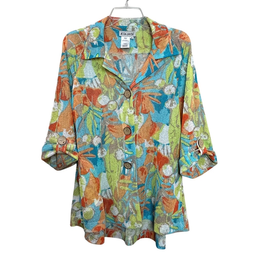 A La Carte Button Front Shirt Womens Medium Colorful Floral Mesh Roll Tab Artsy
